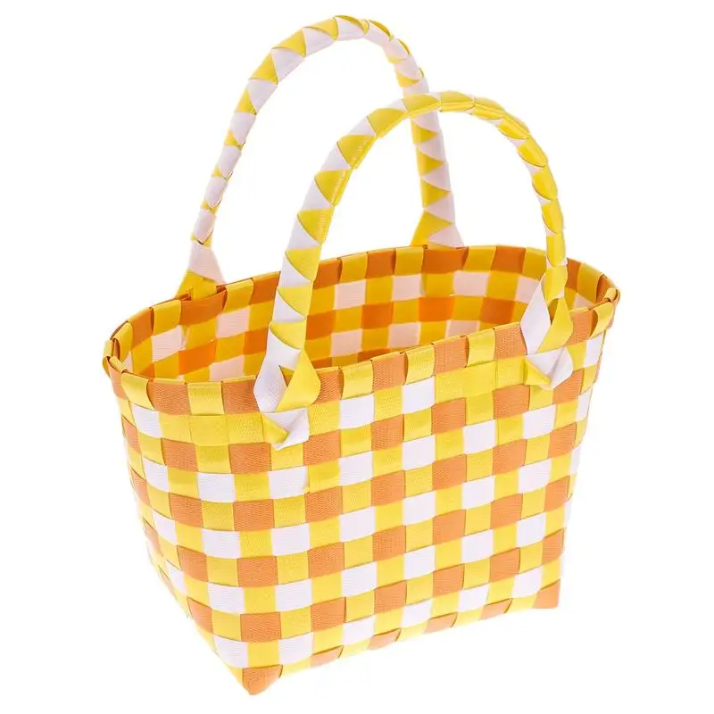 1pc PVC Woven Basket Tote Picnic Basket Fruit Storage Container Handheld Market Shopping Basket PVC Colorful Flower Basket