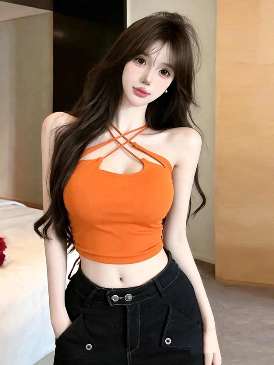 Slimming Cross Back Hollow out Sexy Hot Girl Design Tank Top Women's Strapless Crop Top Breathable Short Length Casual Top