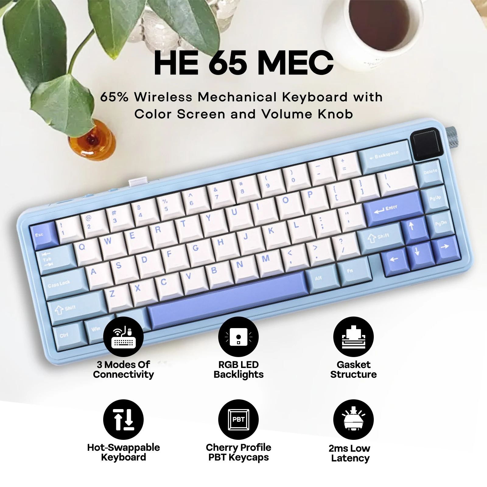 EPOMAKER HE65 Mec 65% 人間工学に基づいたレイアウト ガスケットマウント有線/2.4GHz/BT5.0 ワイヤレスメカニカルキーボード LED スクリーン/ボリュームノブ付き