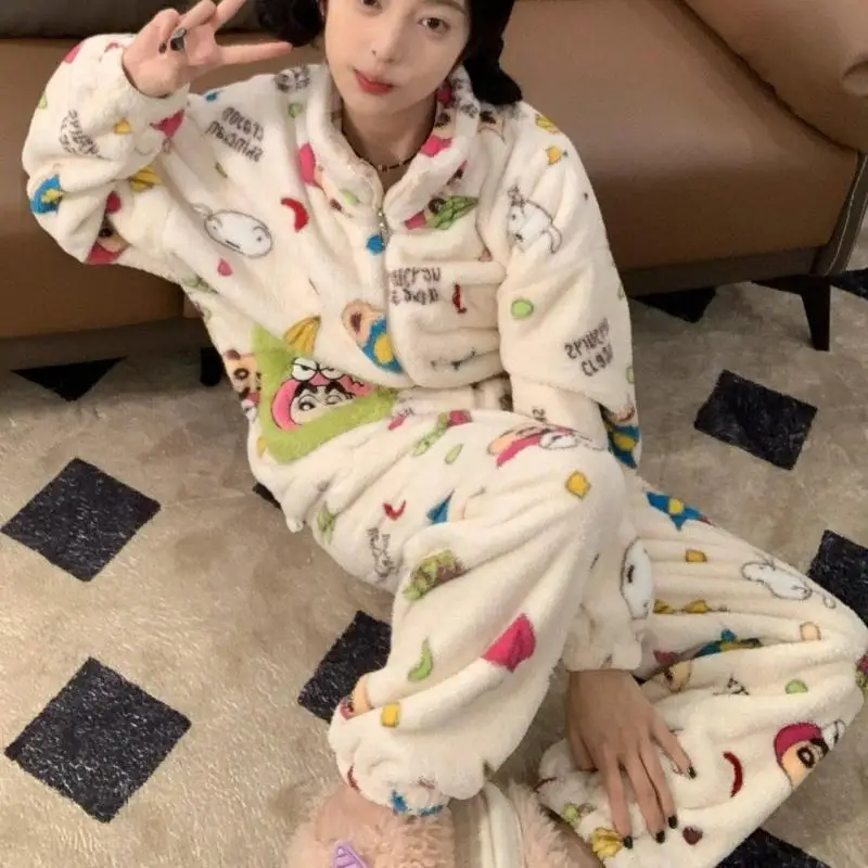 Anime Coral Velvet Pajamas Crayon Shinchans Kawaii Girl Long Sleeves Decorate Trousers Cartoon Loungewear Set Good Looks Gift