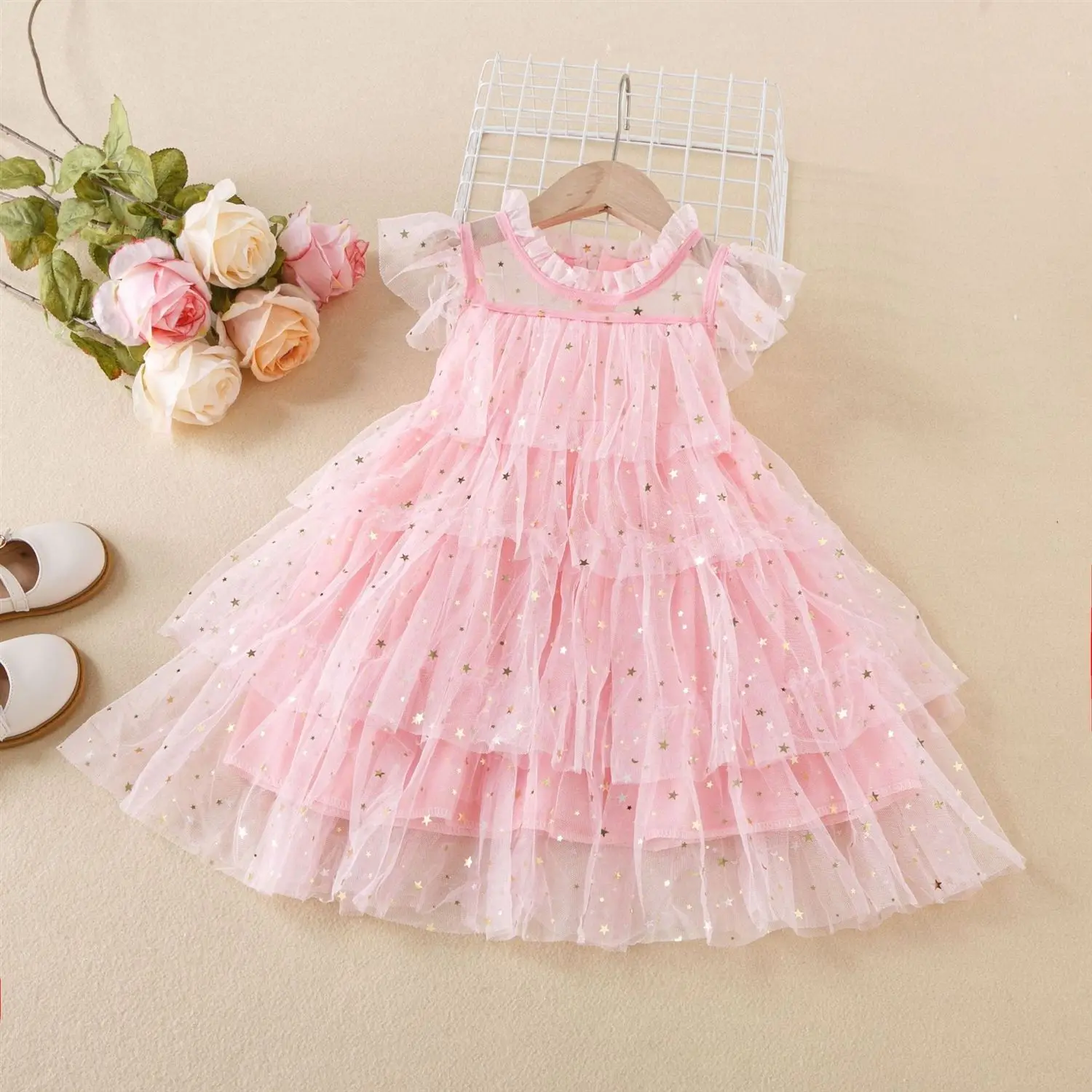 Summer Stars Sequin Lace Gauze Girl Dress Beautiful Children's Ball Gown Dress 3-8 Years Girls Princess Dress