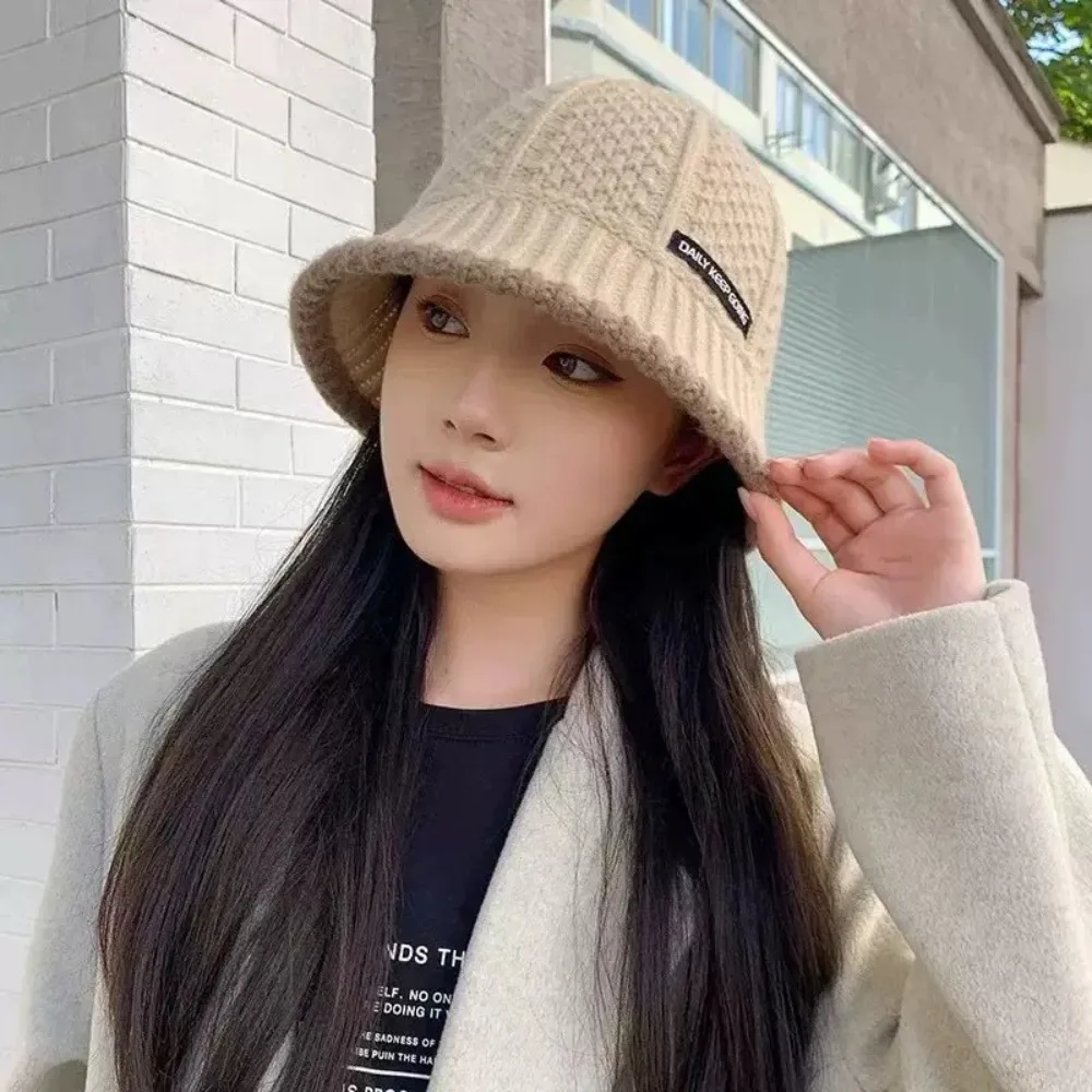 Polyester Fiber Knitted Bucket Hat Warm Korean Style Wool Basin Cap Windproof Solid Color Yarn Bucket Cap Cold Weather