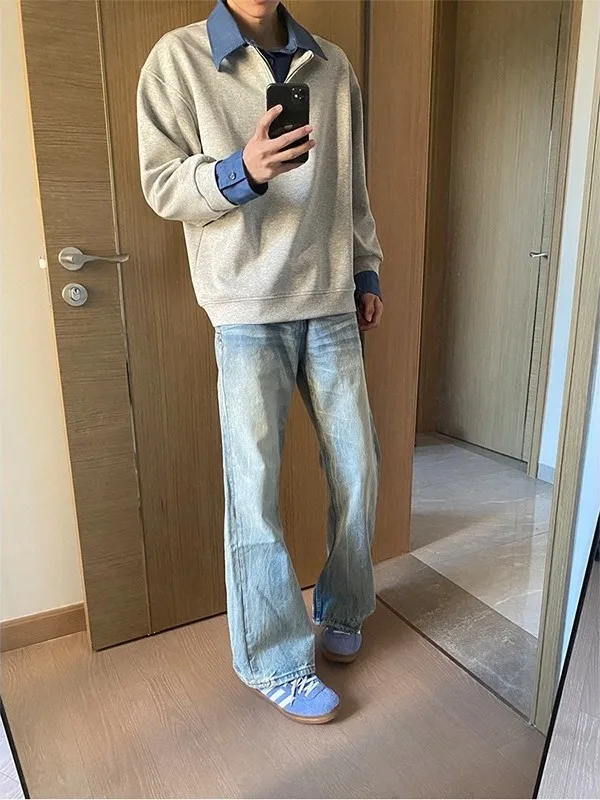 

Светло-голубые джинсы с узором молнии, мужские, весенне-зимние, прямые, с эффектом удлинения ног, слегка расклешенные