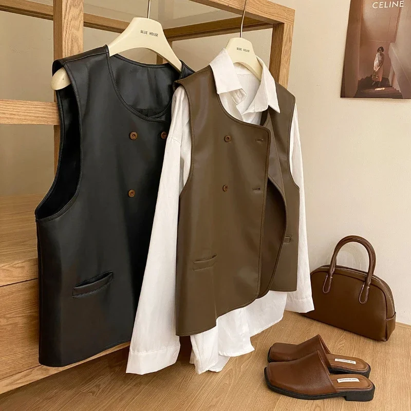 Primavera Verano Casual Retro negro abrigos chaqueta color café Color sólido doble botonadura elegancia chaleco de cuero suave cárdigan