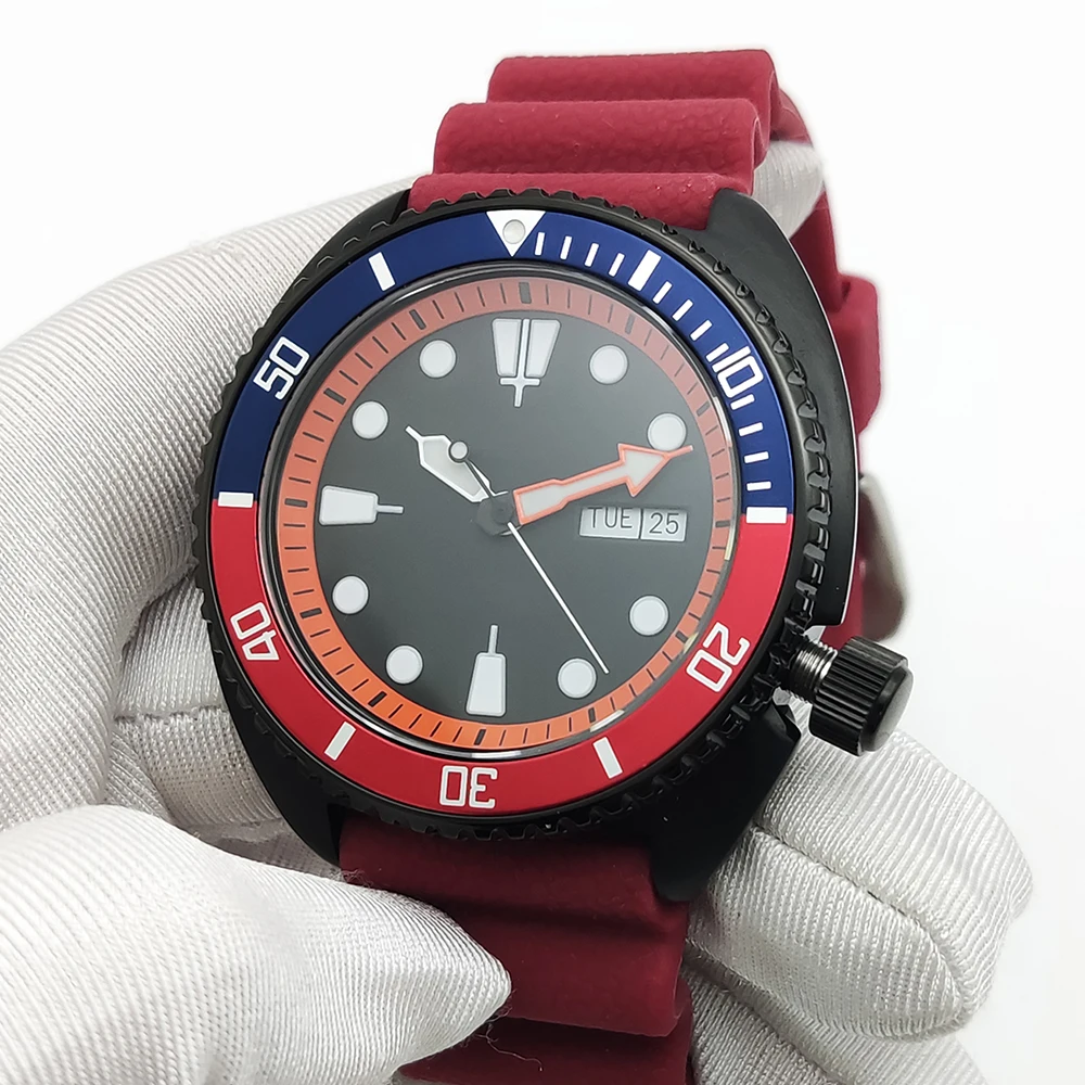 Мужские черные повседневные деловые автоматические механические часы с красным ремешком, зеленый светящийся циферблат, сапфировые часы