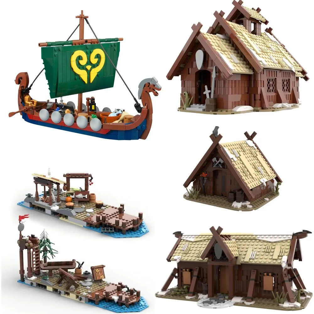 MOC Medieval Architecture Vikingss Village Village Expansion Building Blocks Set Viking Banquet Hall Bricks Toys Adults Gifts