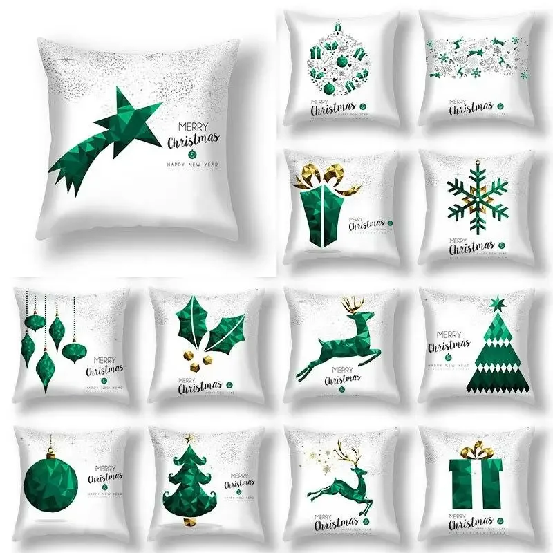 Cartoon Comfort Cushion Cover Pillowcase Christmas  Green Santa Snowflake Elk Print