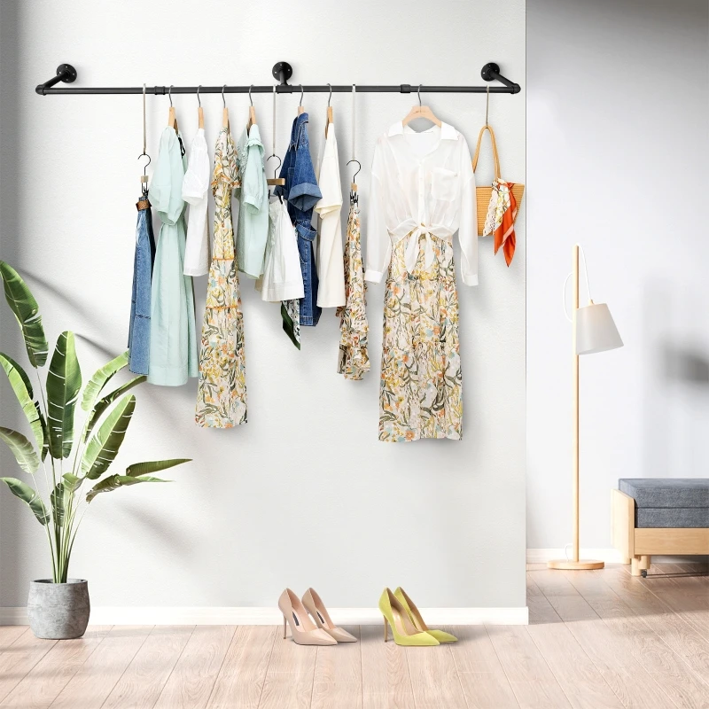 184cm Bedroom Garment Home Rail Multipurpose Wall Mounted Industrial Pipe Clothes Rack Green Plants Display Shelf with 10 Hooks