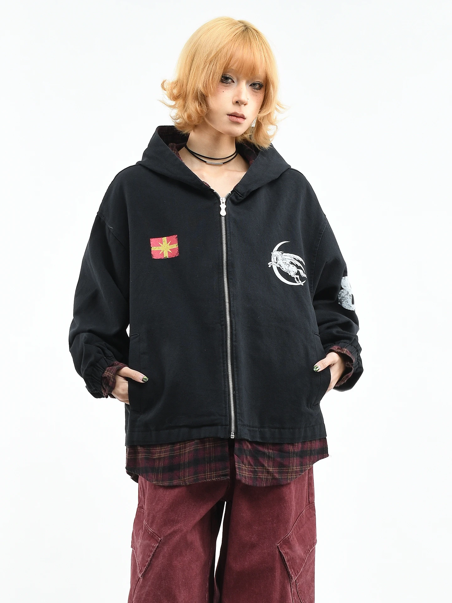 

OV Original American Retro Plaid Patchwork Hooded Jaet Loose BF Sle Bla Outerwear Trendy Brand ex Cotton Long Sv...