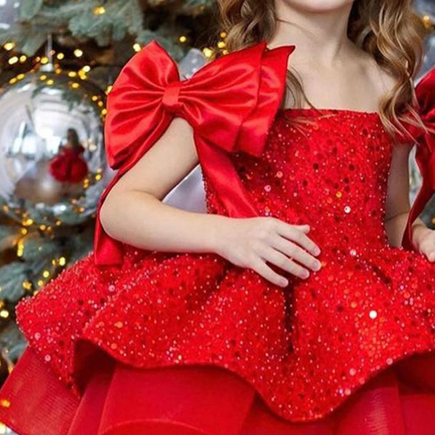 Enchanting Red Girls Princess Party Dress Square Neck and Oversized Bow Sleeves Flower girl dress Knee-Length Pageant Dress