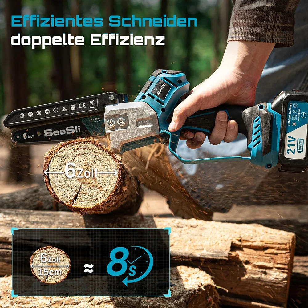 Seesii Kabellose, bürstenlose 6-Zoll-Elektrokettensäge, Elektrowerkzeuge für die Holzbearbeitung, tragbarer Garten-Astschneider für Makita 18-V-Batterie