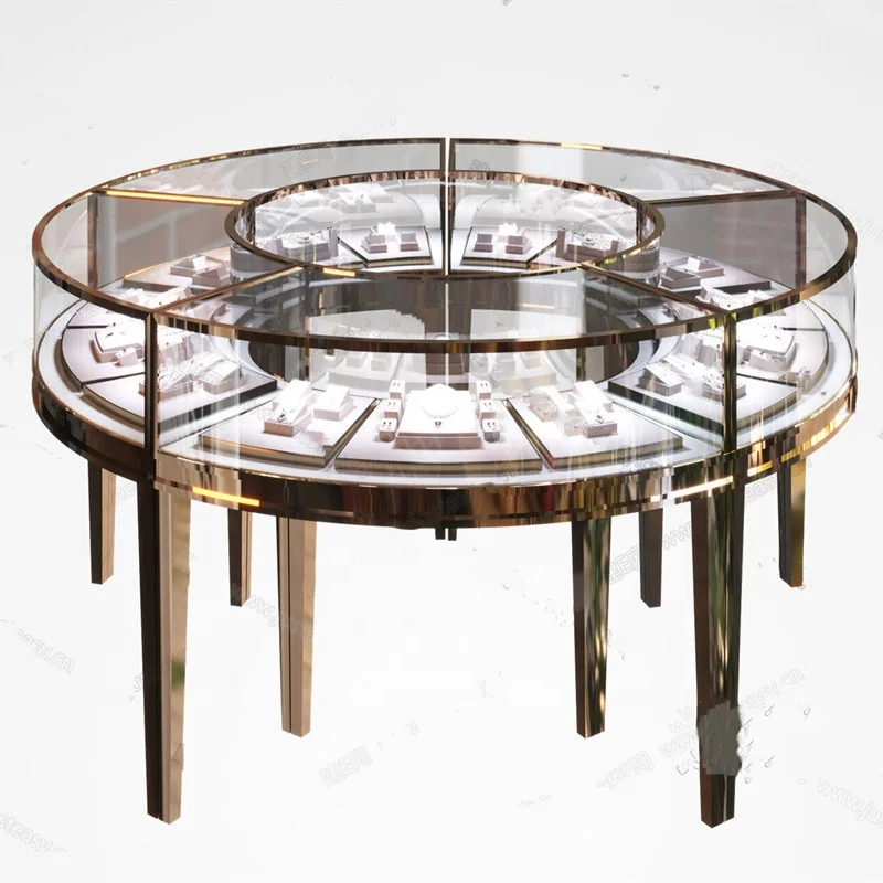 

Custom. Metal Round Jewelry Store Display Luxury Lockable Jewelry Store Middle Showcase with Light