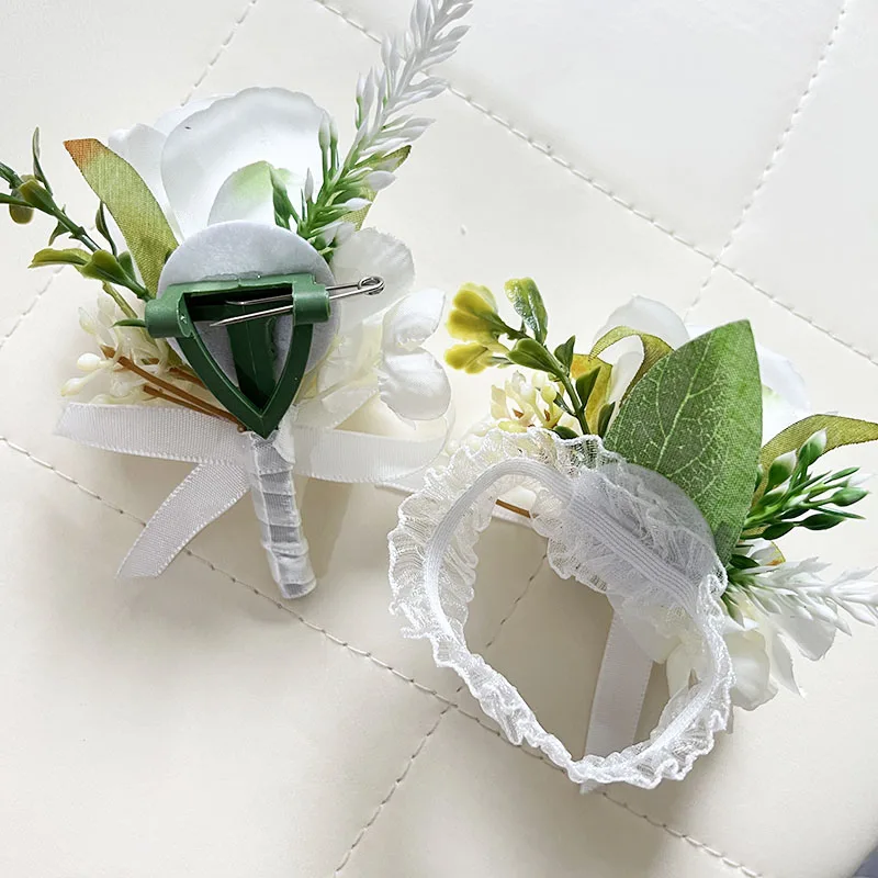 White Boutonniere Corsage Wedding Accessories Buttonhole Flowers Girlfriend Bracelet Artificial Roses Prom Boyfriend Suit Decor