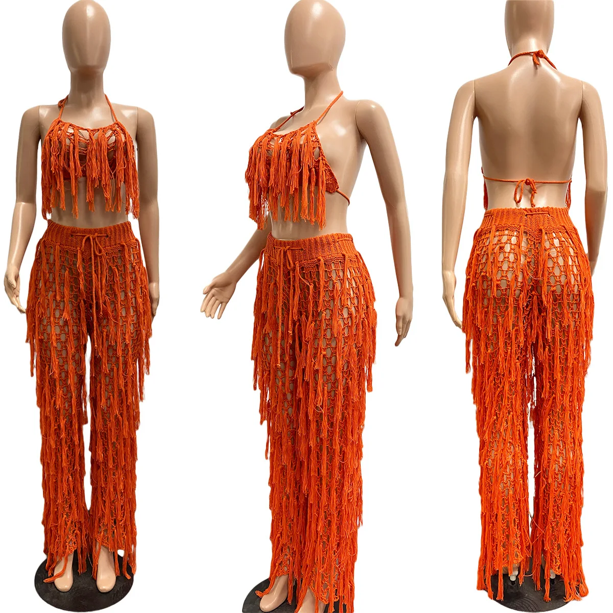 2023 nouveau Crochet Gland 2 Pièces Tenues de Plage couvertures Sexy Femmes Crop Tops + Pantalons Longs Pour Femelle Plage cover-ups