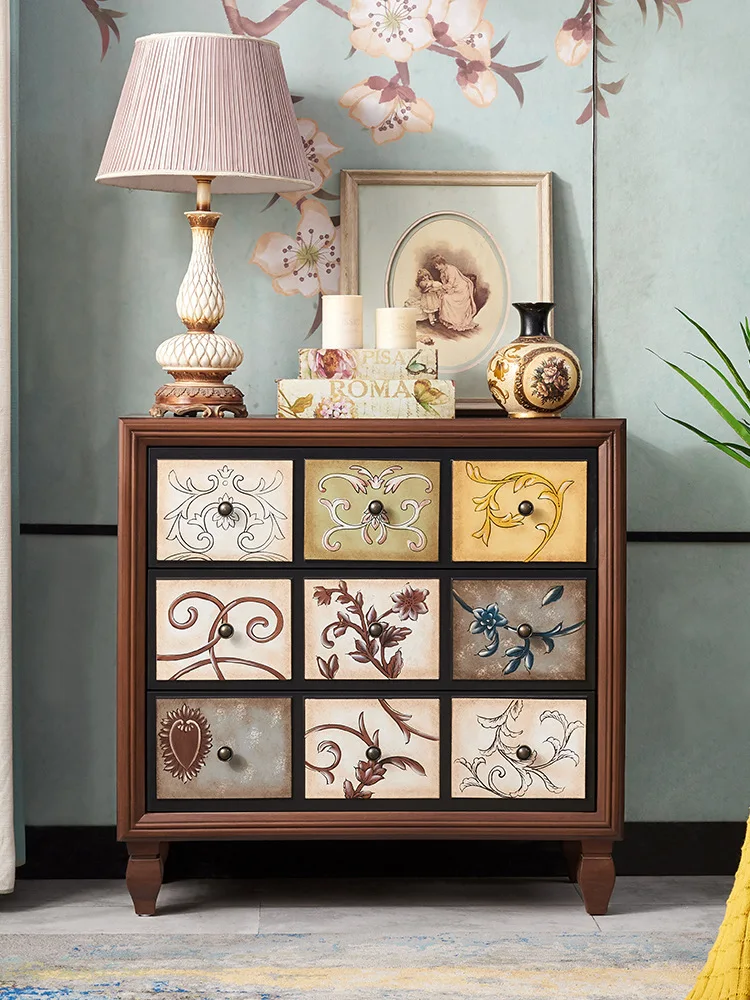 CX solid wood three-bucket cabinet, living room furniture, bedroom drawer, retro painted storage porch cabinet