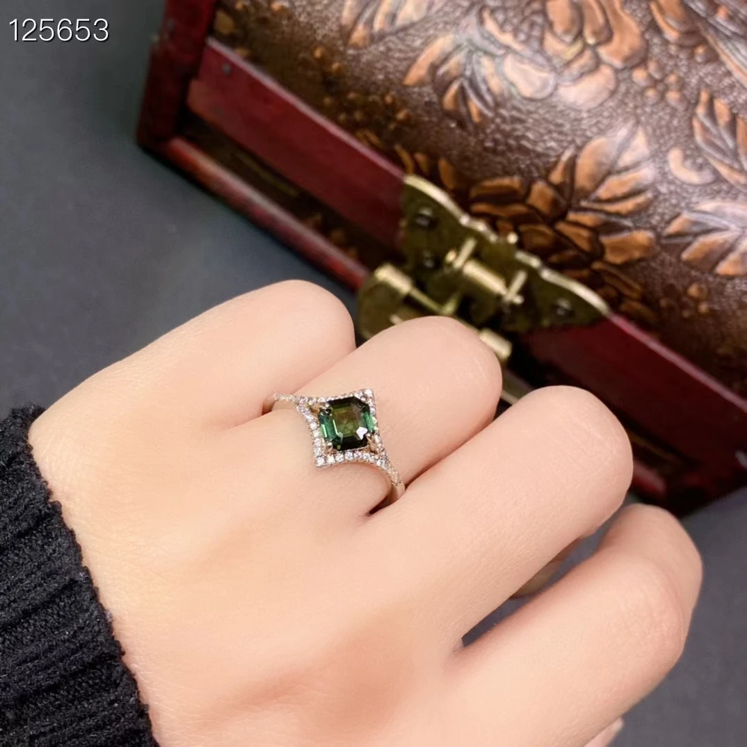 100% Natural Green Tourmaline Ring for Engagement 6mm 0.8ct Tourmaline Silver Ring with Gold Plated Birthday Gift for Woman