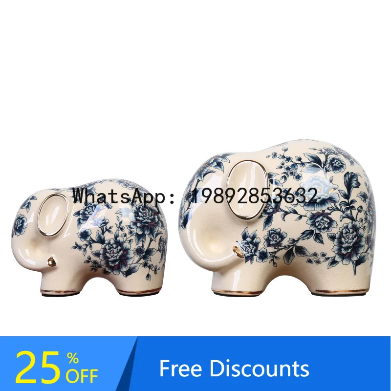 

YFY Blue and White Ice Crack Elephant Ceramic Ornament American Retro Creative Small Elephant Home Decoration
