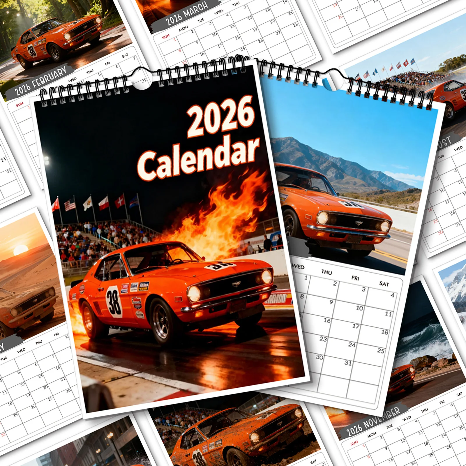 

1PC 2026 Spiral Calendar, Thrilling Racing Car Theme, Perfect for Holiday Gifting, Birthday, Hobbyist Celebrations