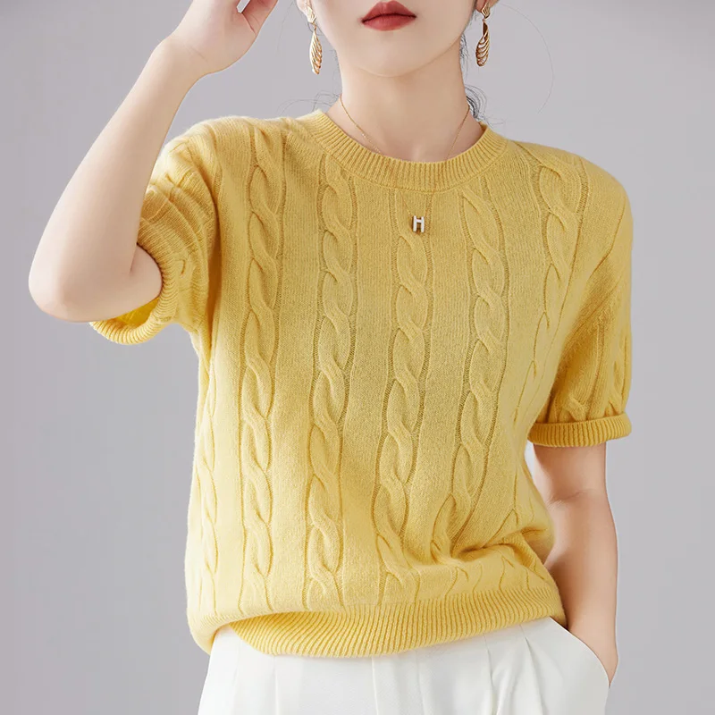 Spring and Autumn 100% Wool Knit Short Sleeve Women's Round Neck Twisted Loose Base Shirt Fashionable Retro Soft Half Sleeve