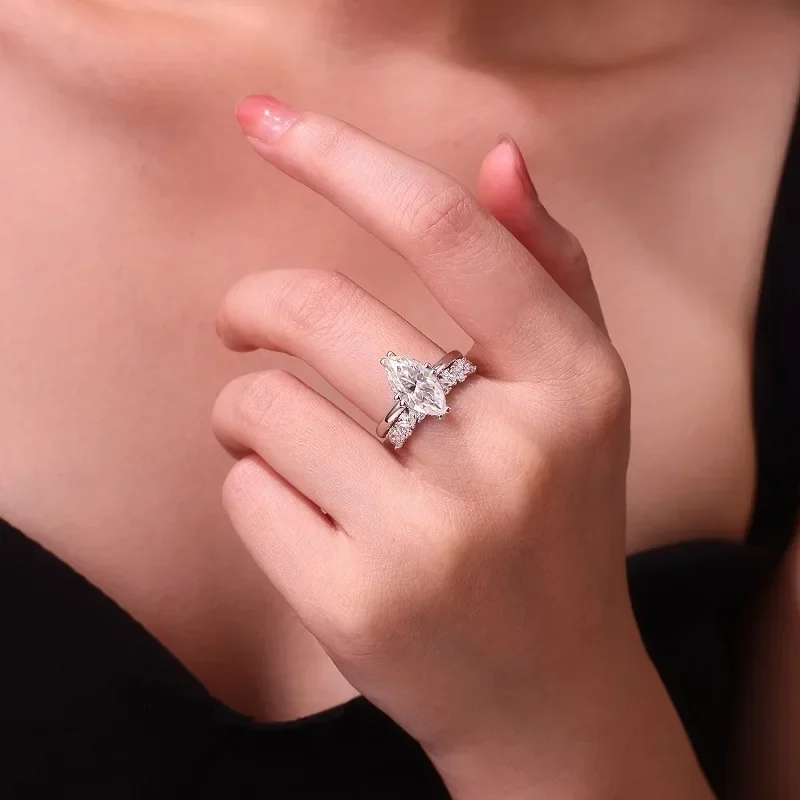 Smyoue 3CT 100% Real Full Moissanite Wedding Rings for Women Marquise Cut S925 Sterling Silver Marriage Band Fine Jewelry GRA