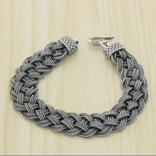 S925 Sterling Silver Bracelet Handmade Wide Flat Bracelet Couple Aggressive Rough Vintage Woven Fried Dough Twists Creative