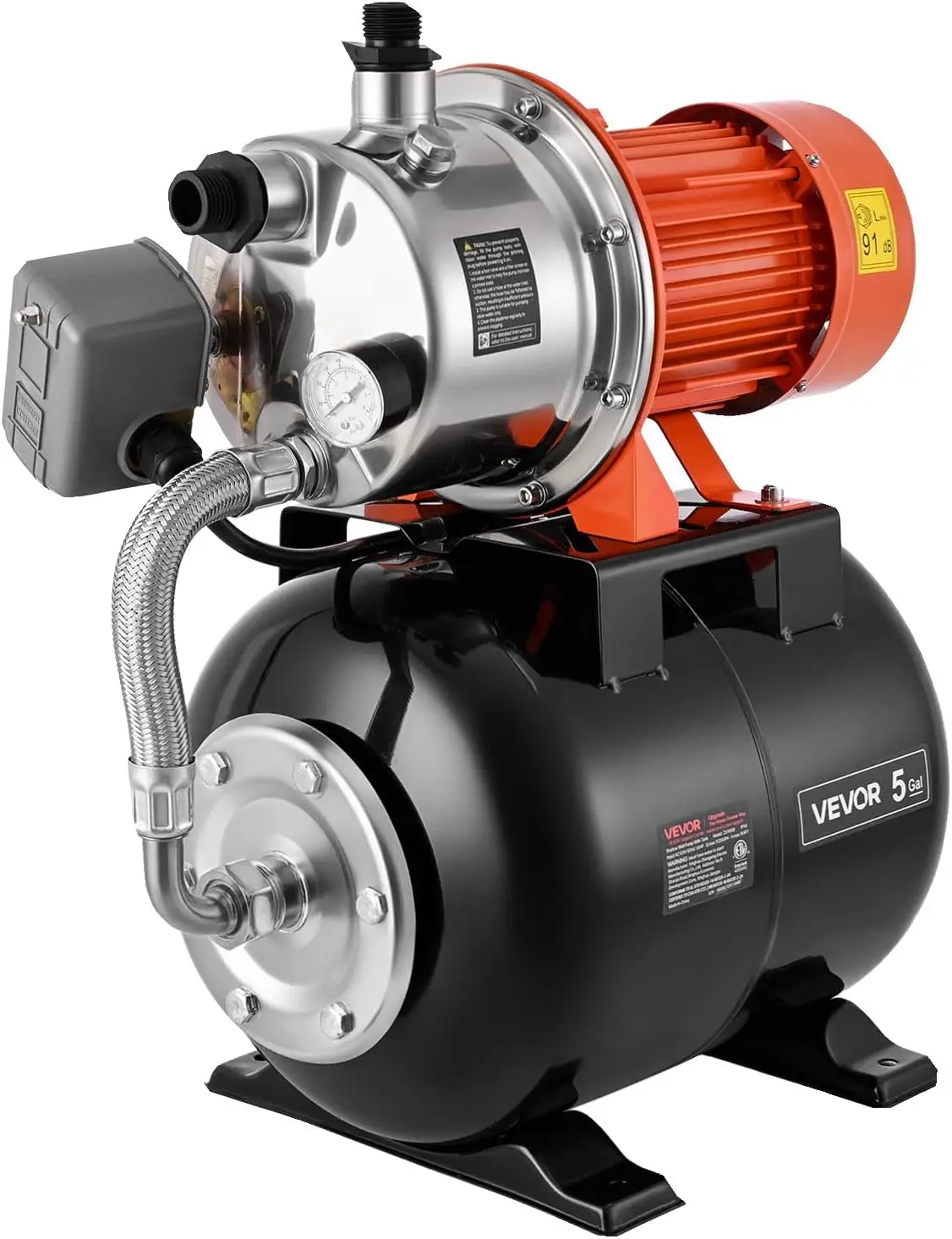 1.6 HP Shallow Well Pump with Pressure Tank, 120V 1320 GPH, Stainless Steel Irrigation Jet Pump with 5-Gal Tank, Automatic Water