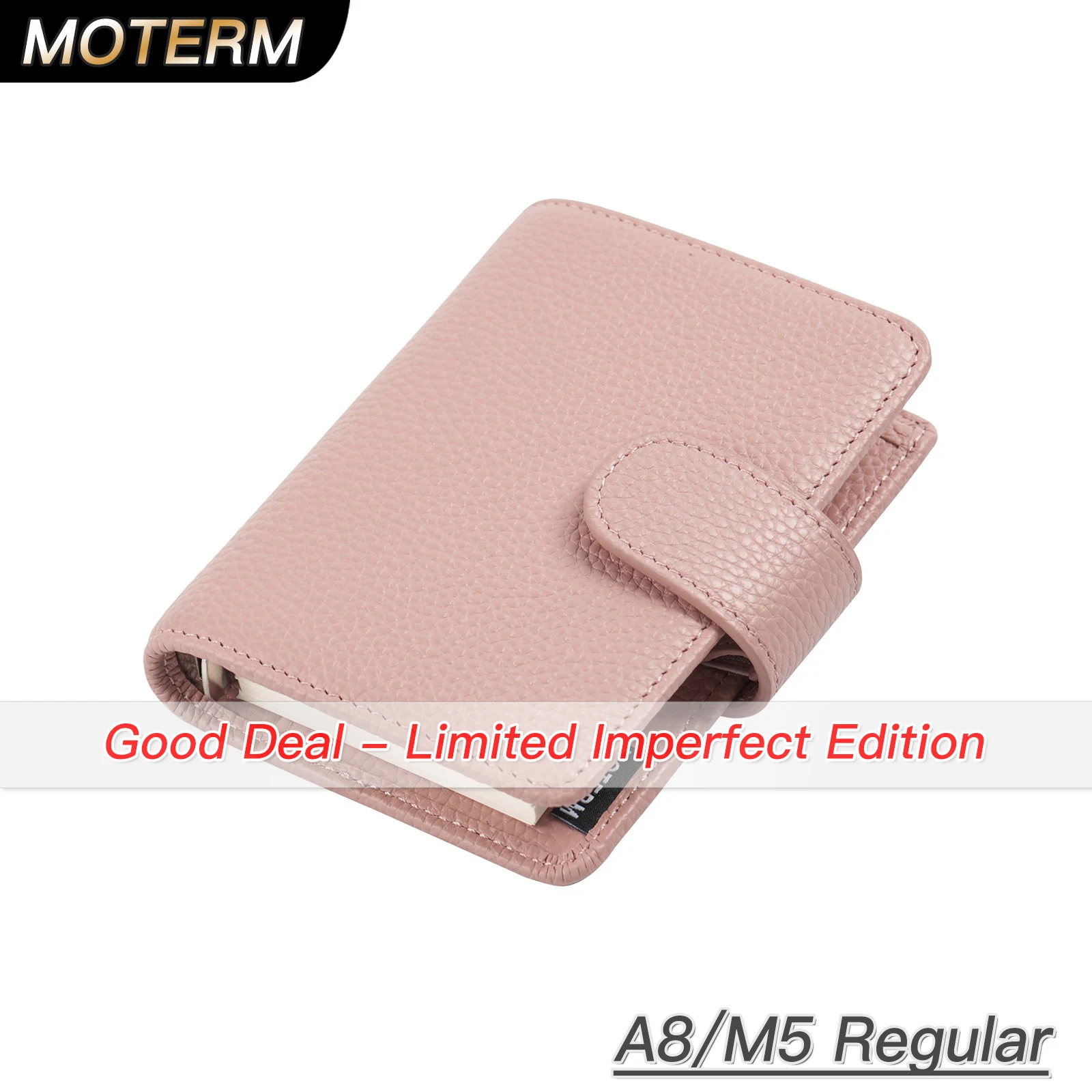 Planificador de anillos de tamaño A8 Regular de Moterm imperfecto limitado, minicuaderno de 5 agujeros de piel de vaca de grano de guijarro con organizador de anillos de 15 MM