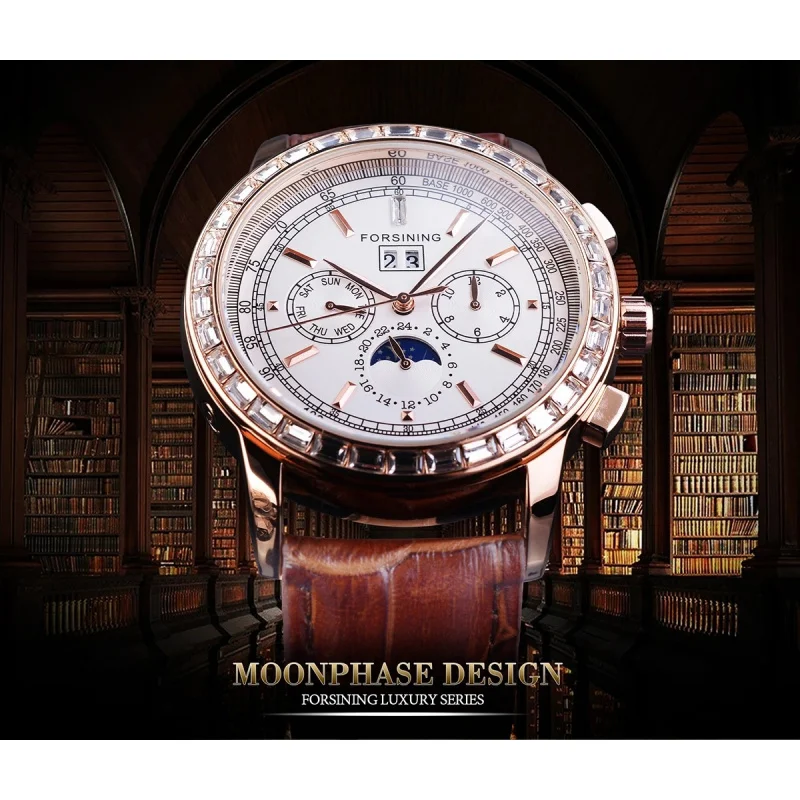 Marchio ufficiale di spedizione gratuita orologio multifunzione da uomo con cinturino meccanico automatico calendario Moon Crystal orologio da uomo