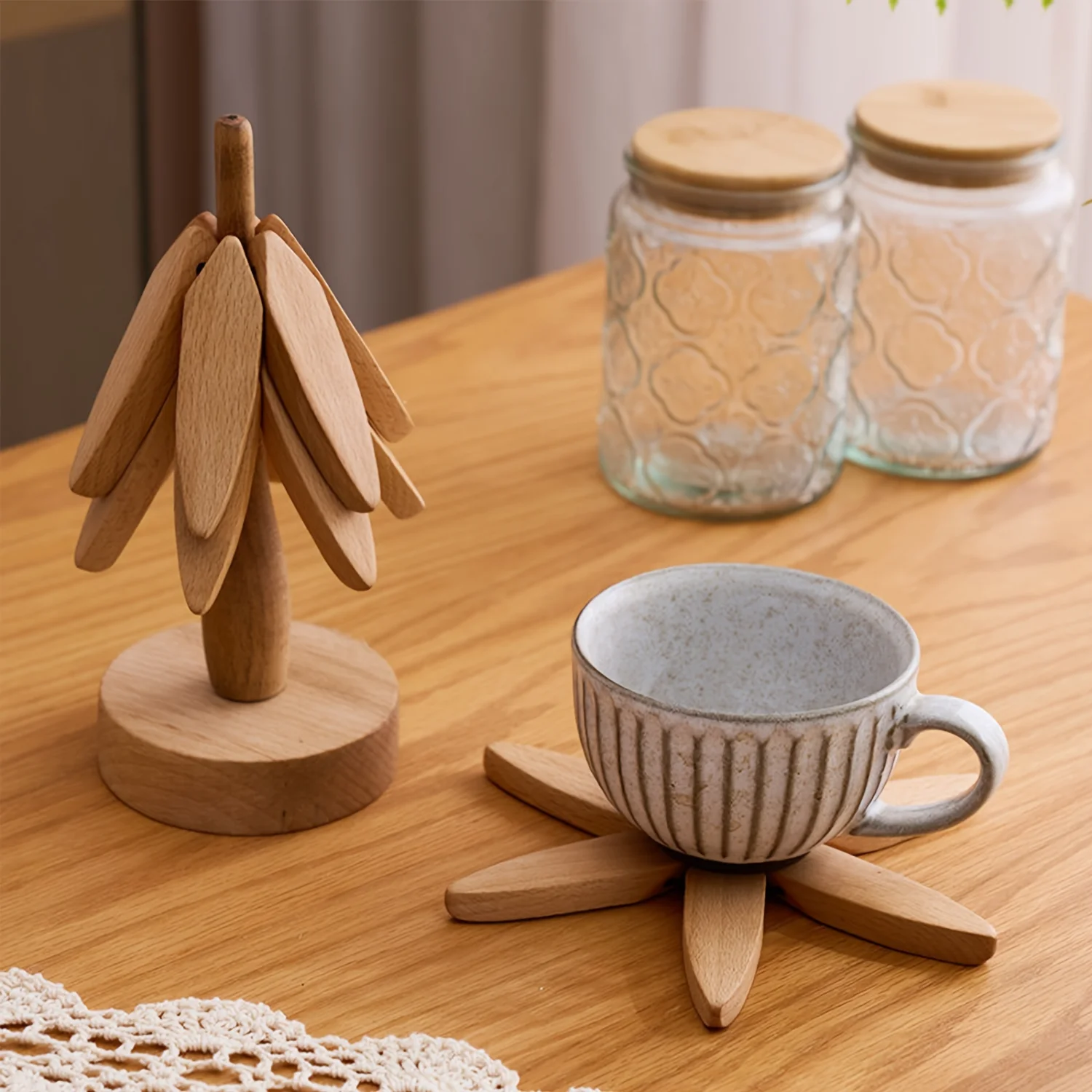 3pcs/set Household Wooden Insulation Table Mat, Non-slip Tree Shape Creative Pot Mat, Tea Coaster Bowl Pad Decoration, Kitchen A