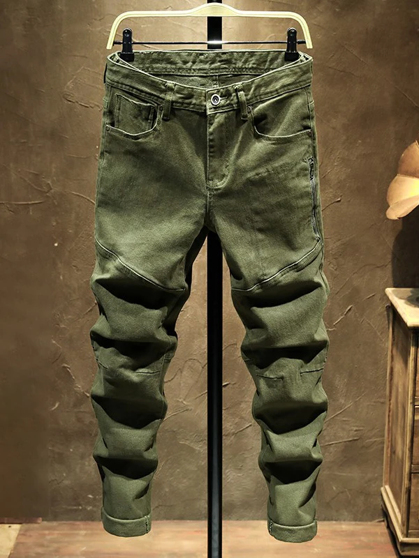 

Spring New Style Military Green Workwear Jeans Men's Patchwork Slim Fit Elastic Cuffed Pants Youth Casual Korean Trend