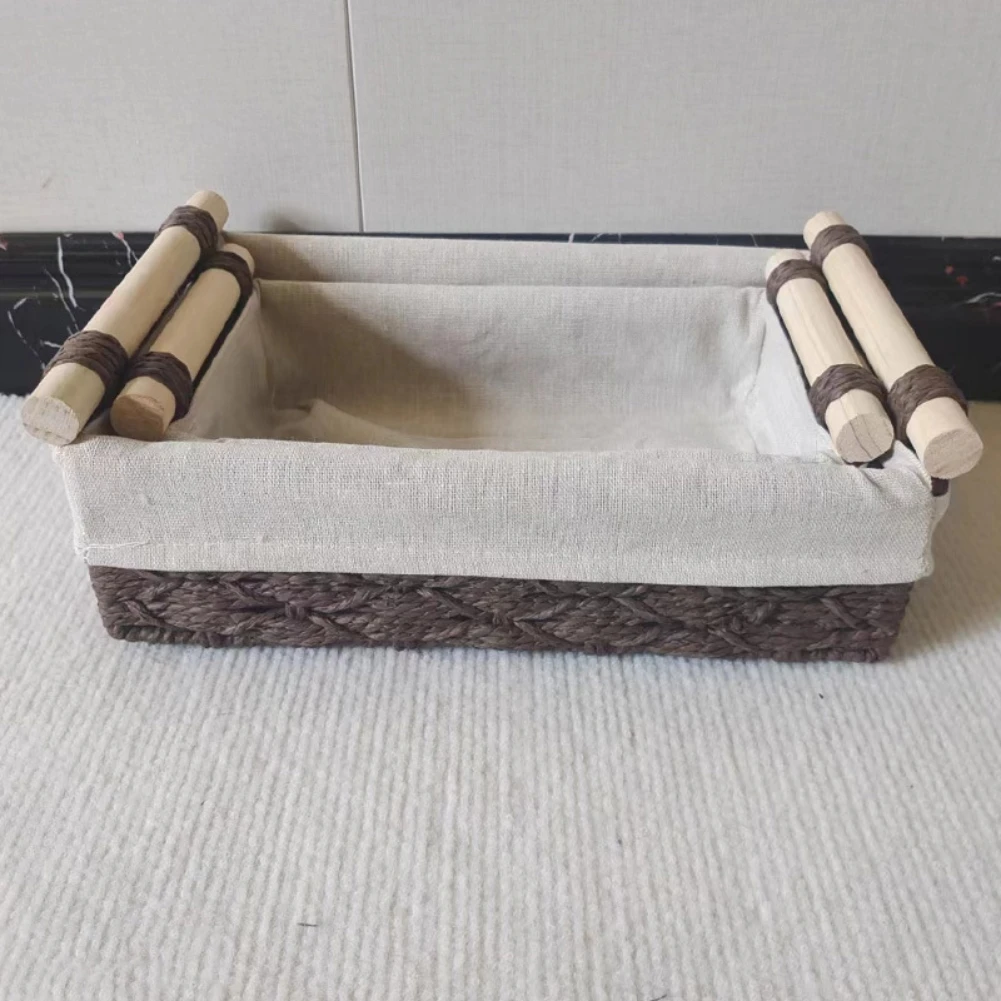 Storage Basket Rope Woven Baskets Caddy with Wooden Handles Set of 2 Countertop Toilet Paper Holder Tray for Home Organizing