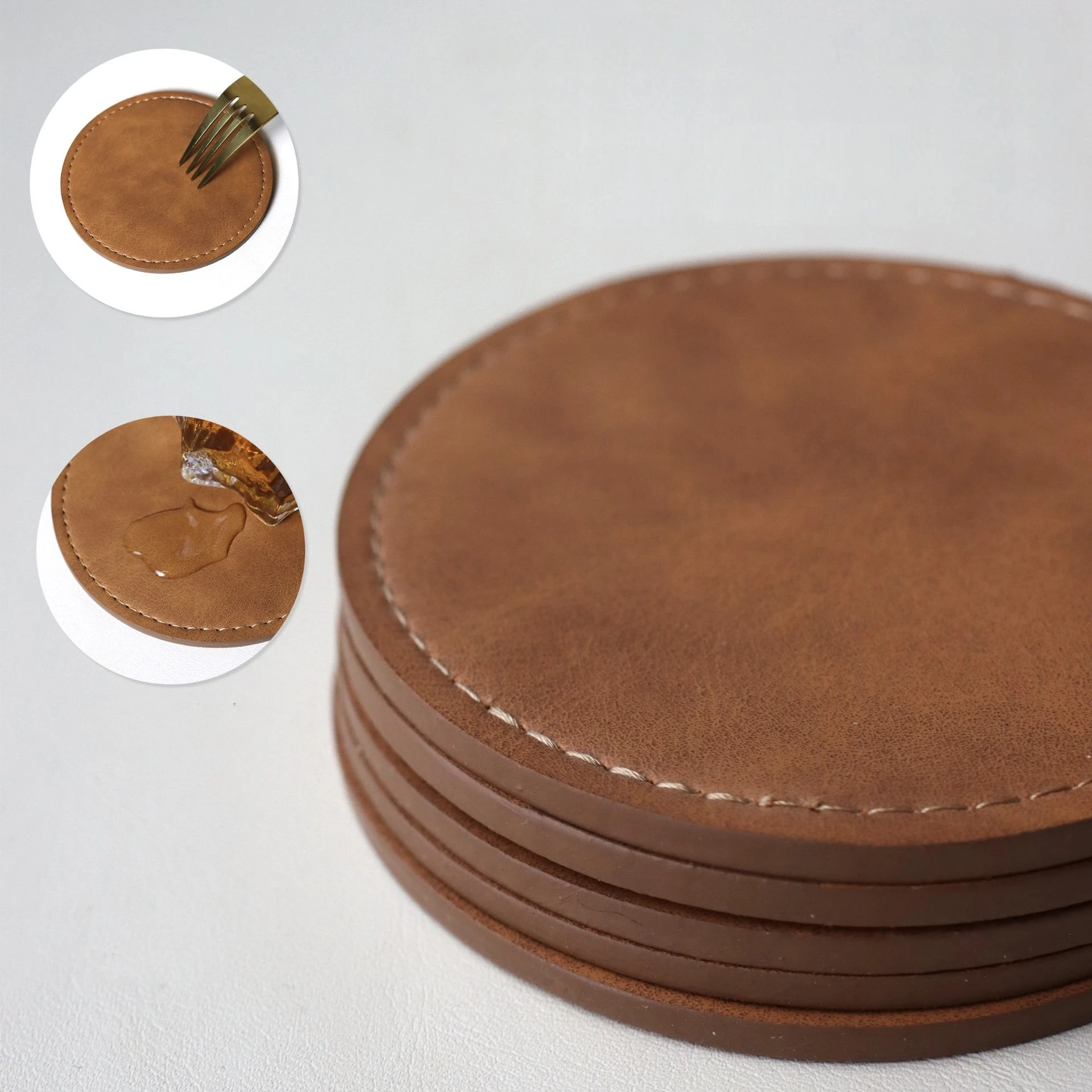 2pcs Home Decor Waterproof Faux Leather Cup Coaster Heat Resistant Circular Round Cup Pads Placemat Bar Counter