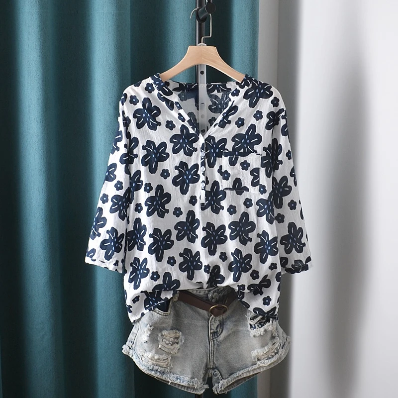 

Printed Women Shirts Long-Sleeved V-Neck Casual All Match Female Outwear Coats Tops