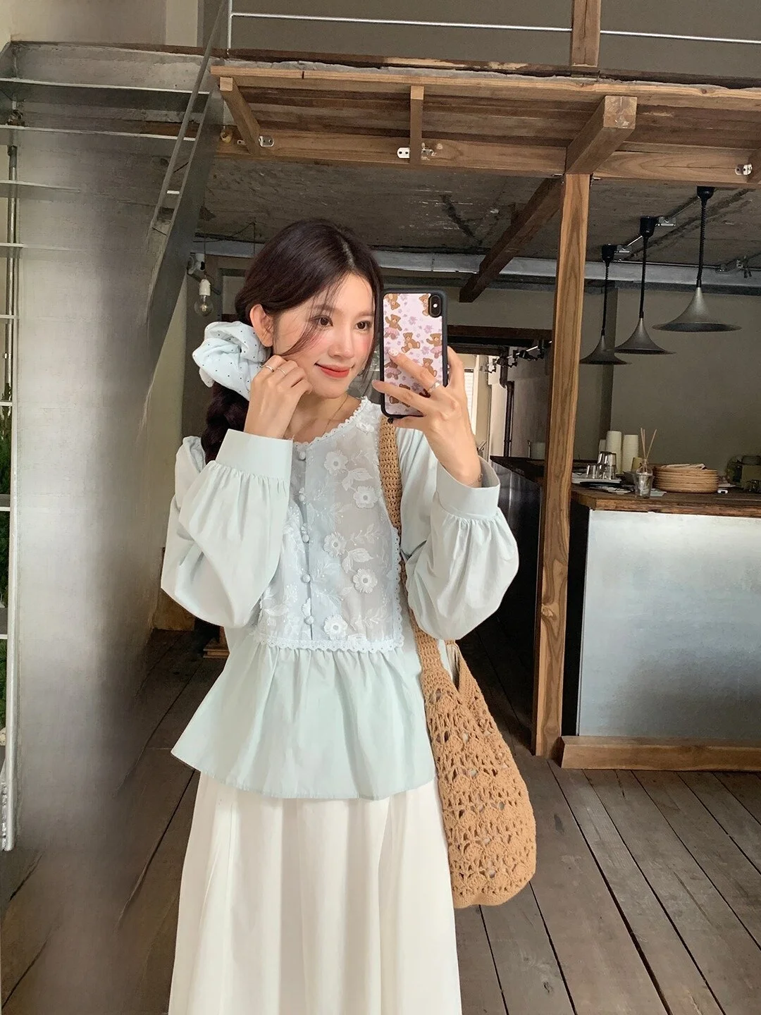 

Women's Heavy Embroidery Bubble Sleeve Shirt Loose Fit Cotton Floral Print Gentle Design Spring Season Casual Versatile Top