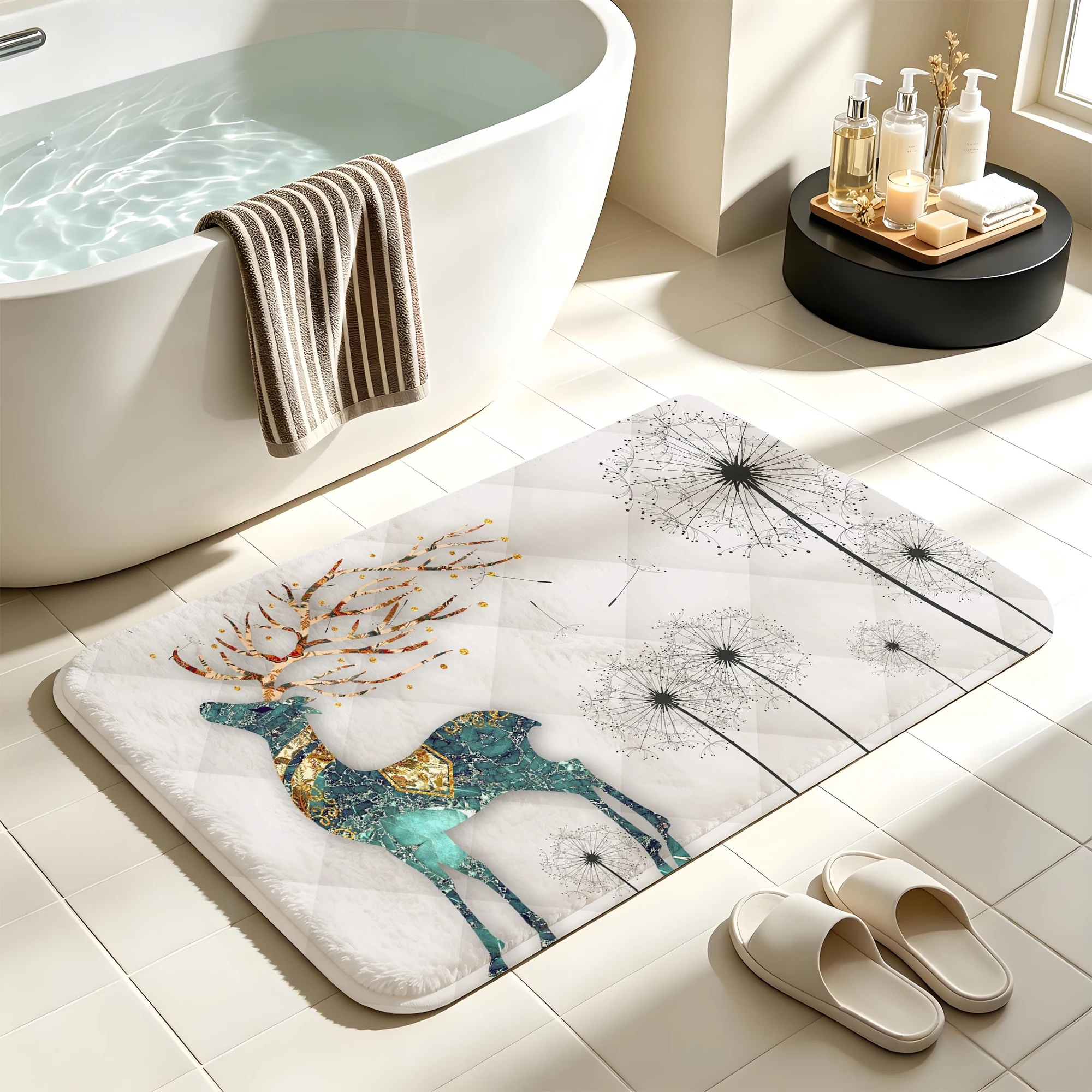 Aesthetic Deer Dandelion Door Mat Abstract Art Non-Slip Water Absorbent Bathroom Rug Floor Carpet for Home Decor - view 5