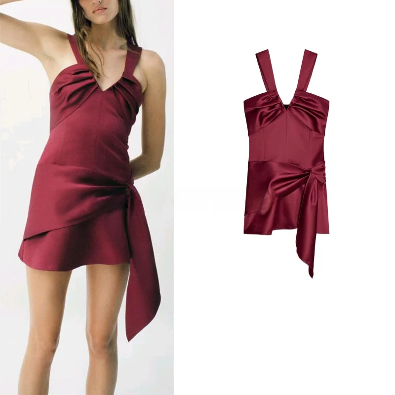 Fall New Women's V-ne Wide oulder Strap Pleated Waist Detail  Dr Retro Sle A-line Skirt Svel Slim Fit Dr