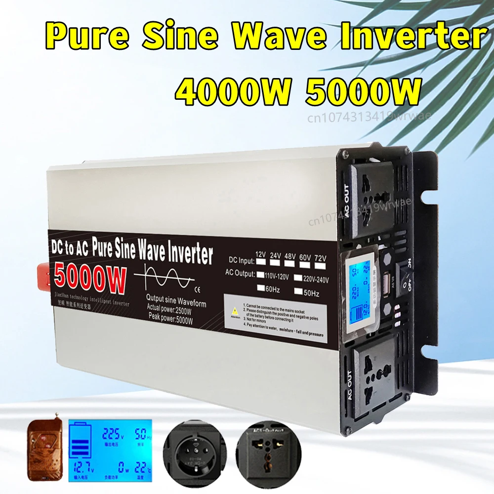 Pure Sine Wave Inverter DC 12V 24V To AC 220V 110V Power Inversor 48V 5000W 4000W Solar Car Converter LCD Display Travel Outdoor