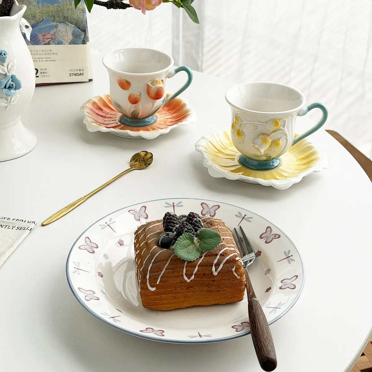 French heavy craftsmanship three-dimensional relief flower hand-painted ceramic coffee cups and plates
