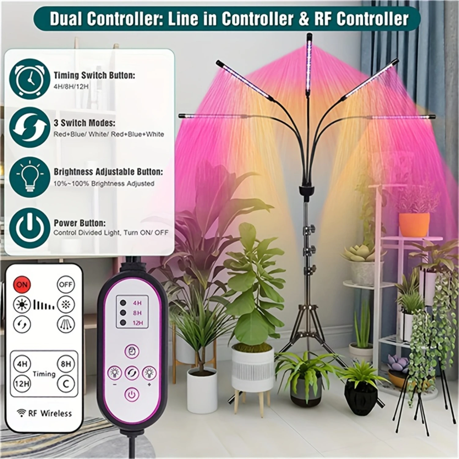 LED Grow Light Indoor Plants Tripod Stand Full Spectrum Timing Control 4 Switch Modes Seedling Growth Flowering Foliage 15-63 in