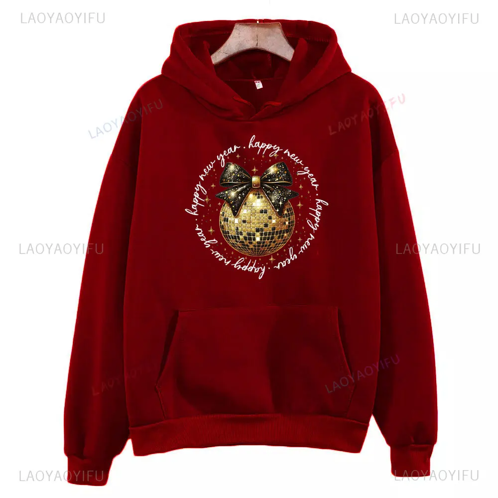 2025 Happy New Year Bow Disco Ball Woman Creative Hoodie Fashion Autumn and Winter Warm Printed Sweatshirt New Year Gift Hoody