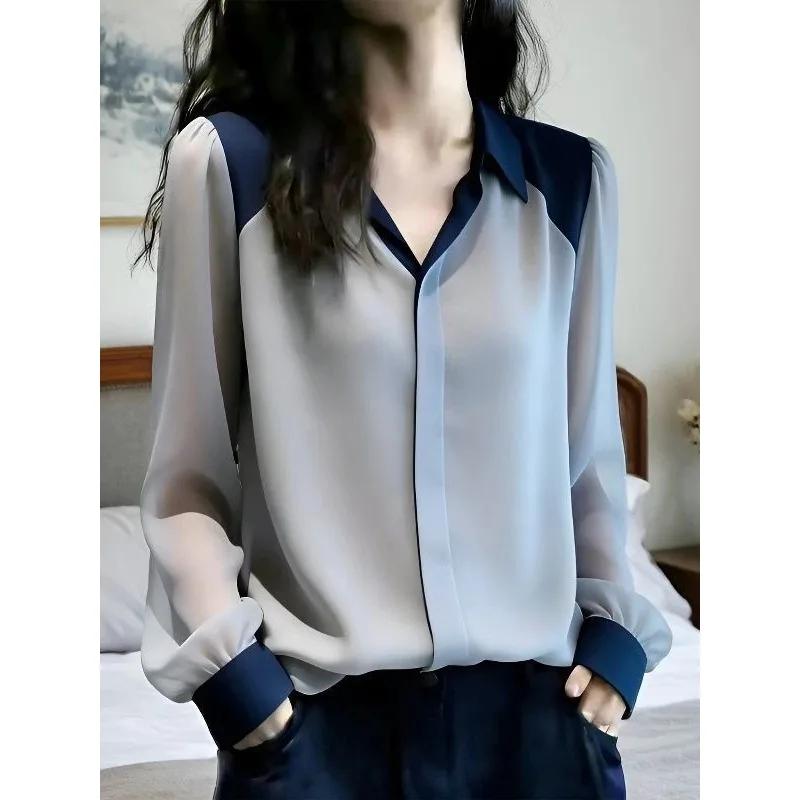 Women Color Block Lapel Chiffon Blouse Long Sleeve Loose Casual Daily Office Shirt