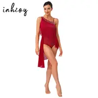 Vestido de leotardo de baile de Tango latino para mujer, hombro asimétrico, purpurina, diamantes de imitación, borla, dobladillo Irregular, Ropa de baile en la entrepierna que se puede abrir