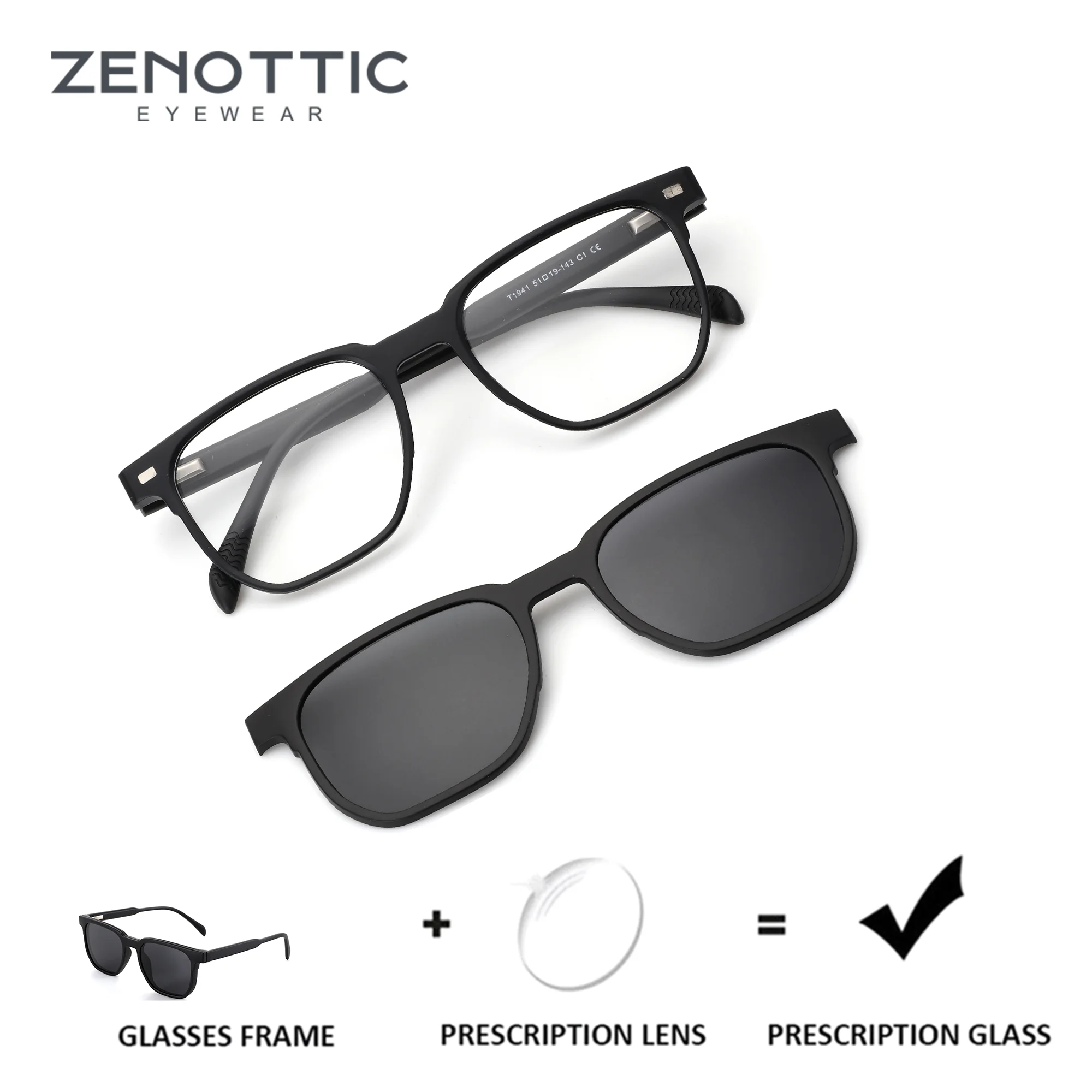 ZENOTTIC Fashion Square Magnetic Clip-on Polarized Prescription Glasses For Men Myopia Optical Eyeglasses Progressive Lenses