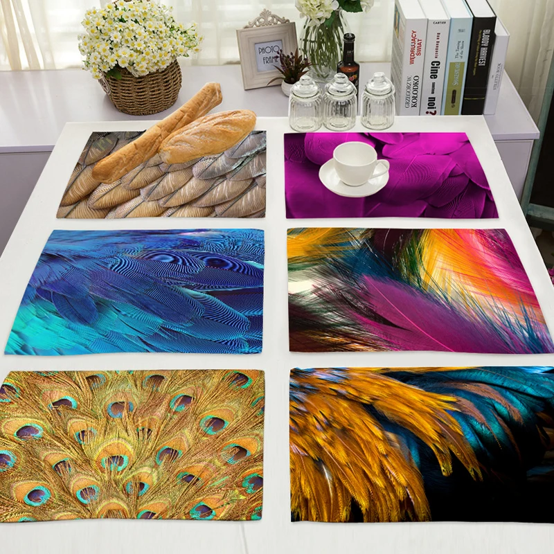 Bird Peacock Feather Print Kitchen Table Mat Candle Coaster Set Home Decoration Accessories Modern Rectangle Placemat Tablecloth