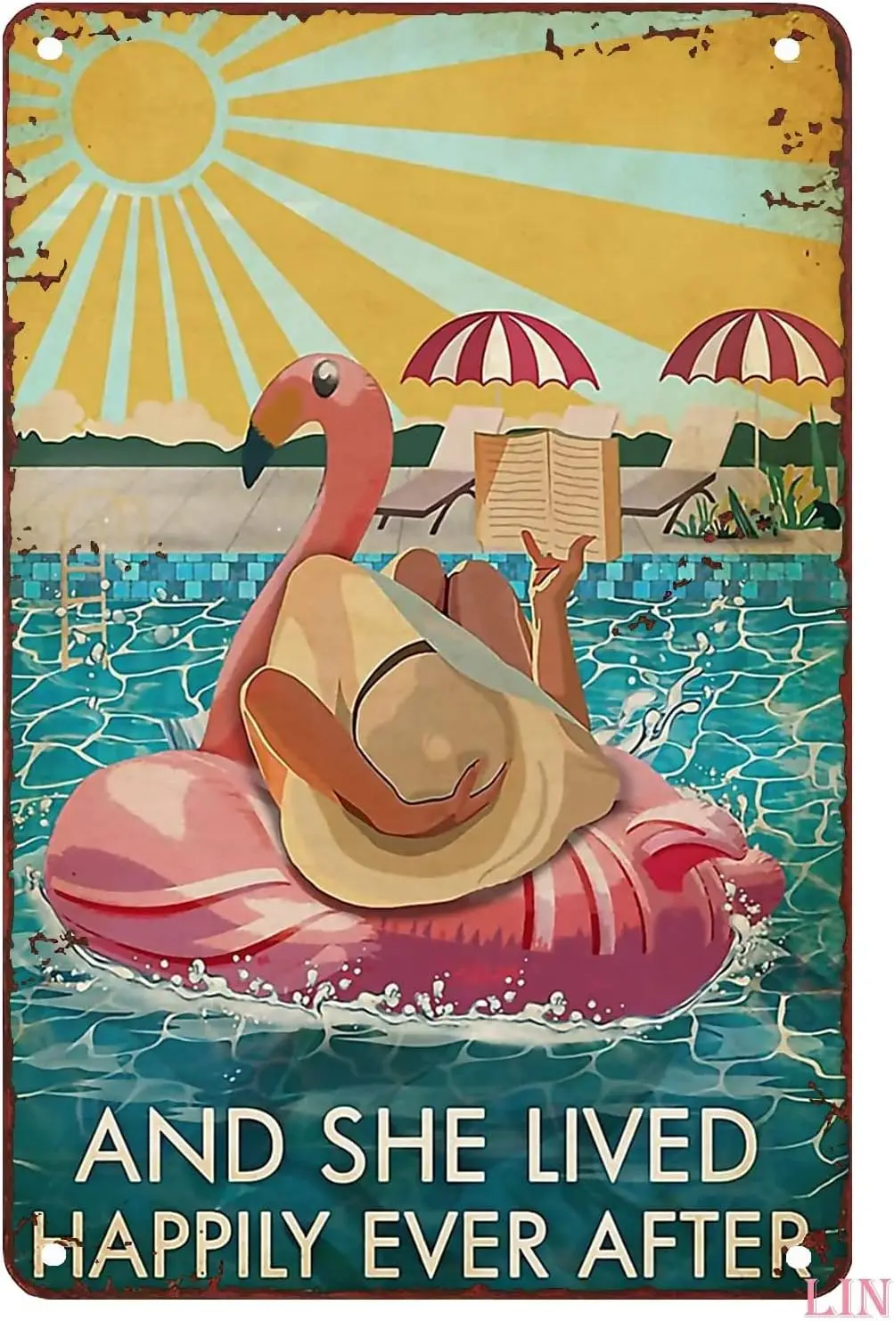 Metal Decor for Bathroom Wall Girl and She Lived Happily Ever After Flamingo Beach Summer Vacation Living Home Decor Metal  sign