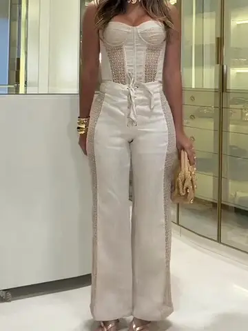 Women Pant 2 Piece Set Sleeveless Hollow Patchwork Sling Corset Top Lace Up Straight Pants Suit Female Chic Casual Trouser Sets