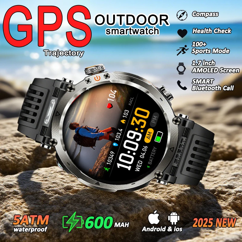 

Умные часы T-REX3 2026 для активного отдыха, 1.7'' AMOLED-экран, аккумулятор 600 мАч, водонепроницаемость 3ATM, с компасом, для спорта и фитнеса, мужские, с браслетом