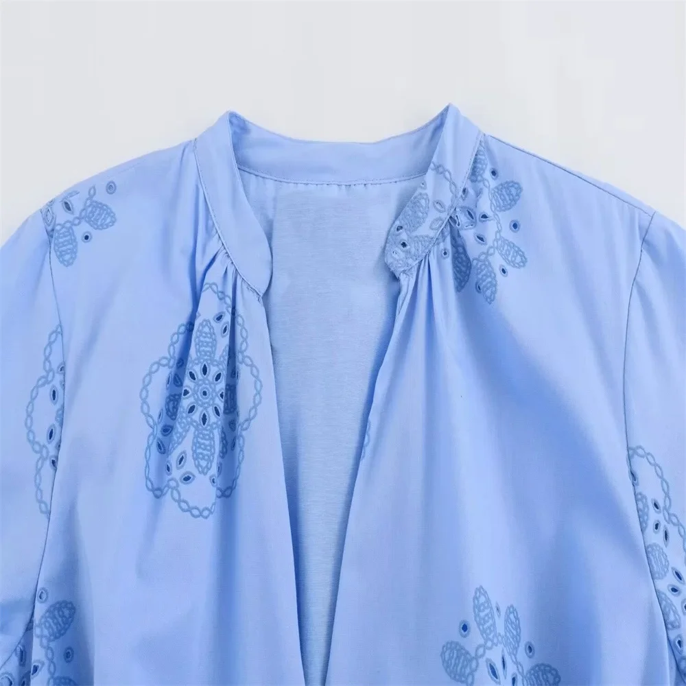 Summer new blue V-neck embroidered decoration fluffy long sleeved poplin dress with pressure glue