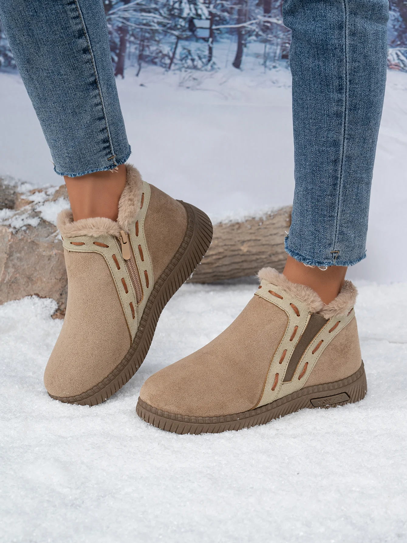Damen-Winterstiefel Braun Damen-Knöchelstiefel mit seitlichem Reißverschluss, warm gefüttert mit Fleece, rutschfeste flache Schneestiefel für den täglichen Outdoor-Gebrauch. – Detail 5