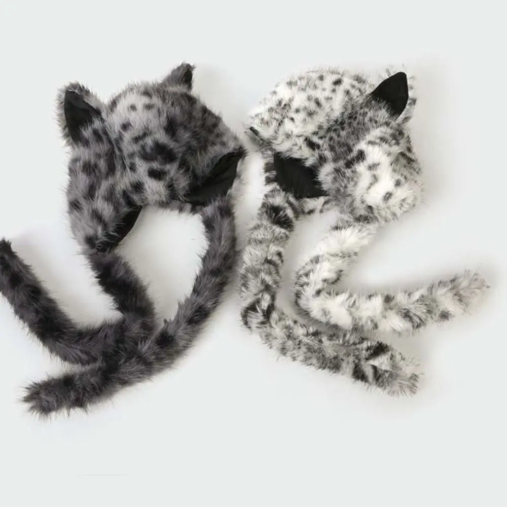 Cat Ears Headwear Long Braids Earflap Hat Animal Ears Thick Faux Fur Cap Cozy Lining Soft Texture Leopard Print Beanie Women